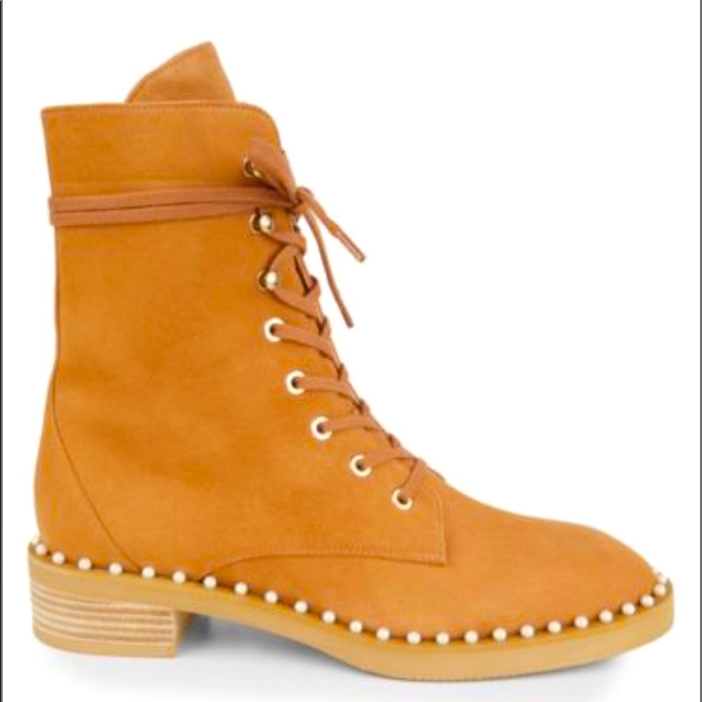 Stuart Weitzman Chelsea Brown Suede Pearl Combat Hiking Boots - Picture 1 of 12